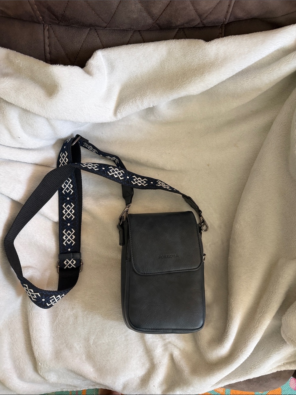 Navy blue Crossbody Phone Bag with Patterned Strap